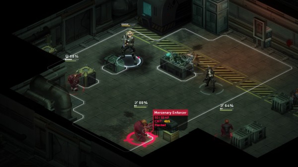 An example of a flanking attack on an enemy in cover. Also note the addition of white armor pips above each character's health bar.